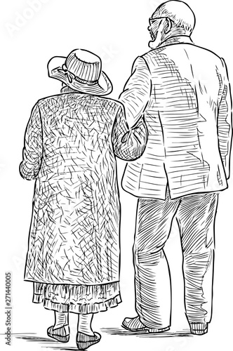 A sketch of elderly spouses going for a walk