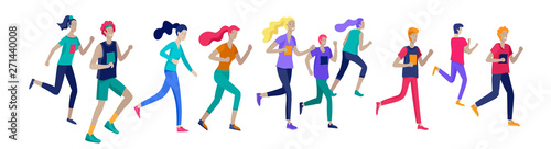 People Marathon Running Sport race sprint, concept illustration running men and women wearing sportswer in landscape. Jogging at Training. Healthy Active Speed Exercise. Cartoon Vector Illustration