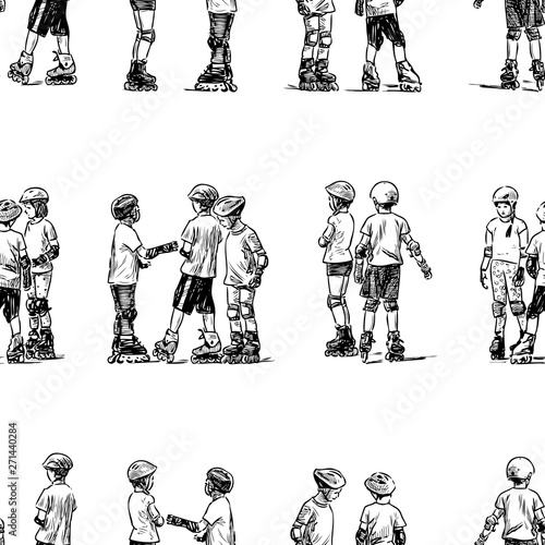Seamless pattern of sketches of kids on the roller skates