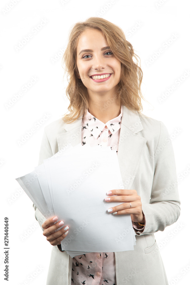 Young business woman working with documents looking through papers in folder. Copy spaces Young business woman working with documents looking through papers in folder. Copy spaces