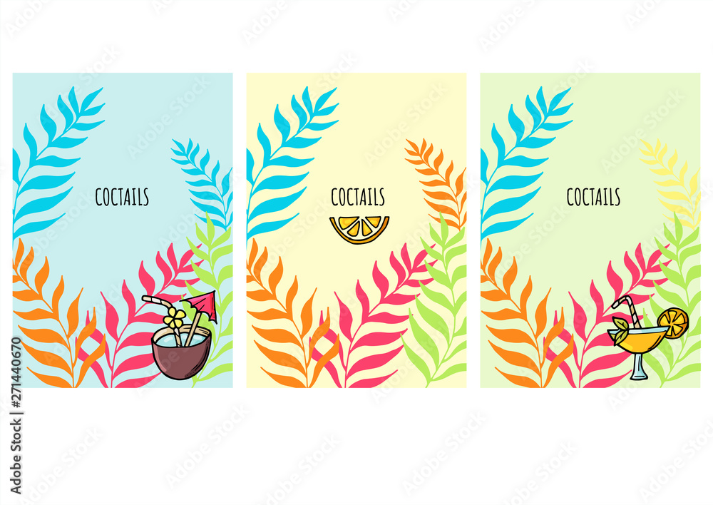 Bright hand drawn coctail bar card set. Bright hand drawn coctail bar card set.