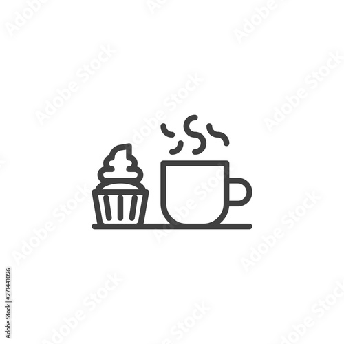 Cup of coffee and muffin cake line icon. linear style sign for mobile concept and web design. Hot tea cup and cupcake outline vector icon. Breakfast symbol  logo illustration. Vector graphics