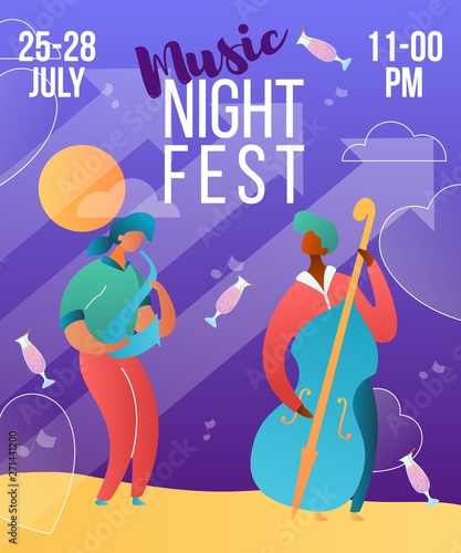 Modern cartoon flat characters,musical band saxophone and double bass players-holiday music night fest,open air,party flyer poster banner summer design.Musicians play music with instruments