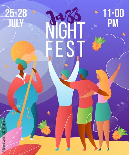 Modern cartoon flat characters,musical band double bass,happy party people rejoice-holiday jazz night fest,open air banner flyer summer design.Man with double bass play music,people waving hands