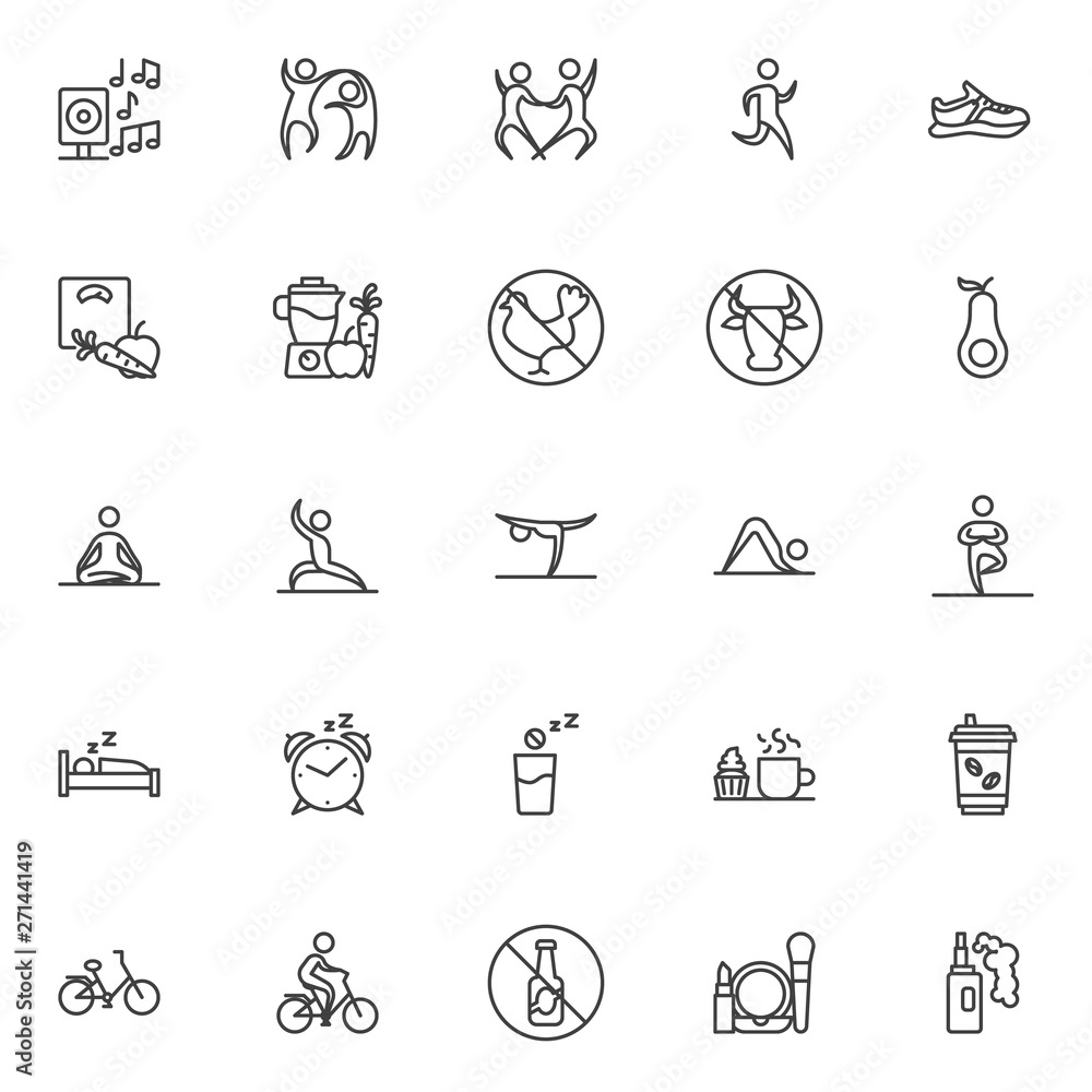 Healthy lifestyle line icons set. linear style symbols collection, outline signs pack. vector graphics. Set includes icons as Dancers couple, Running man, Sport shoe, Weight loss, Meditation yoga pose