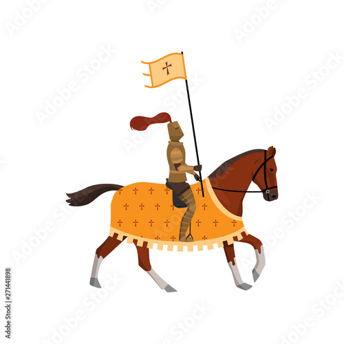 Medieval knight with cross flag and brown horse with cover