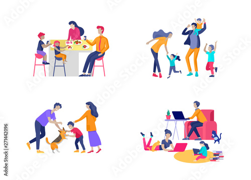 Collection of family hobby and activities. Mother, father and children have dinner, walking dog, dansing and jumping, relaxing at home with gadgets together. Cartoon vector illustration
