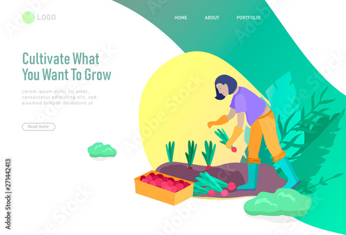 landing page template Harvesting and gardening people, woman and man doing farming and garden job, planting, lay ripe vegetables to box. Reaping crop concept
