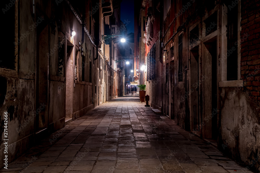 Typical street in Venice in winter's night with long exposure