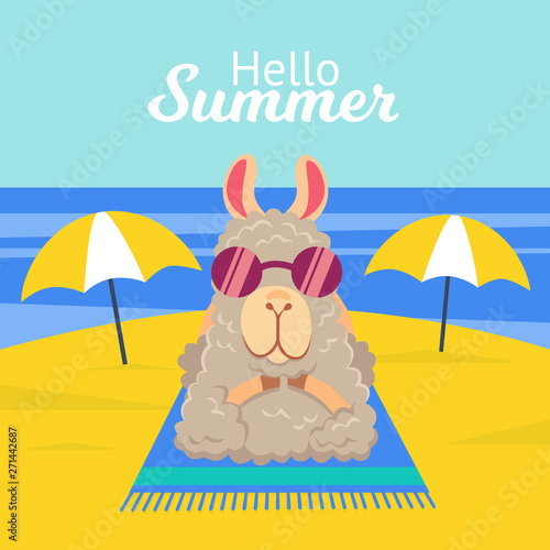 Vector illustration of funny alpaca llama in sunglasses sunbathing in summer vacation