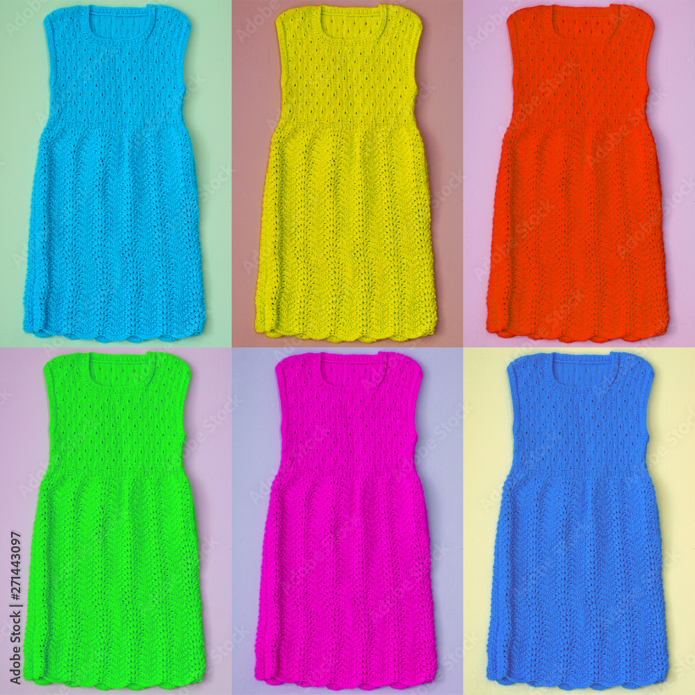 Collage of six knitted dresses. Multicolored dresses for girls. Handmade