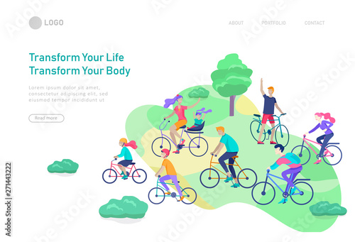 Landing page template with family riding bicycles, man waving his hand, mother riding bicycles with child. People cycling outdoor activities concept at park, healty life style. Cartoon illustration