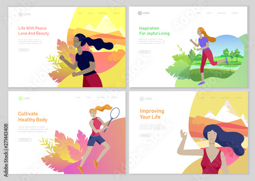 Landing page template with woman healty life style concept. Girl outdoor activities, running, play tennis, doing yoga. People performing sports at park or Nature. Vector Cartoon style illustration
