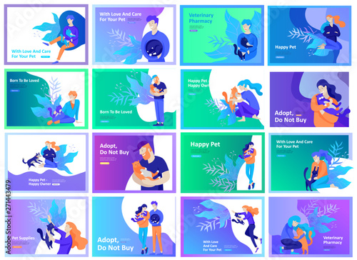 Set of Landing Page Templates with Vector Symbol. Happy people with their pets, a cat loves its owners, care and love, a pet shop and a veterinary pharmacy. Animal Day and adoption. Vector