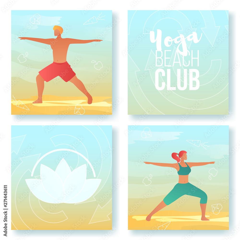 Cartoon flat characters modern sport activity,beach yoga club flyer banner poster,web online concept,healthy lifestyle summer design cards set.Flat cartoon family people girl boy practicing yoga