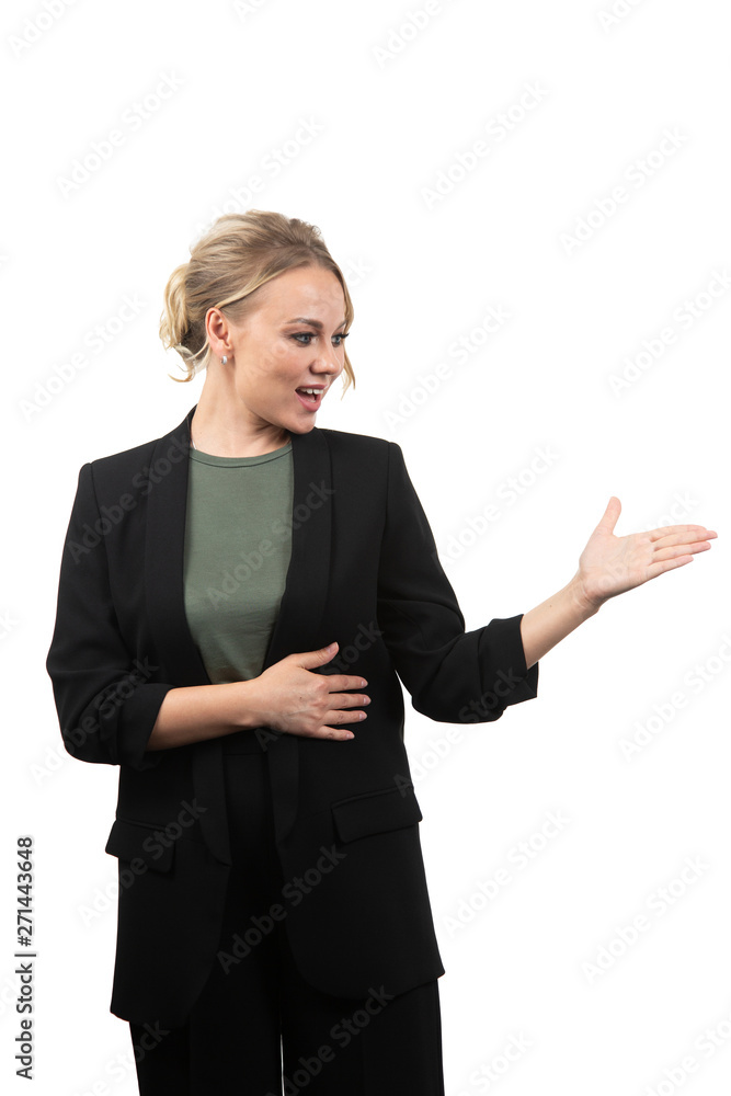 young casual woman pointing, isolated on white young casual woman pointing, isolated on white