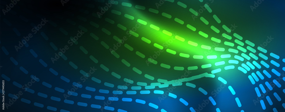 Smooth wave lines on blue neon color light background. Glowing abstract wave on dark, shiny motion, magic space light