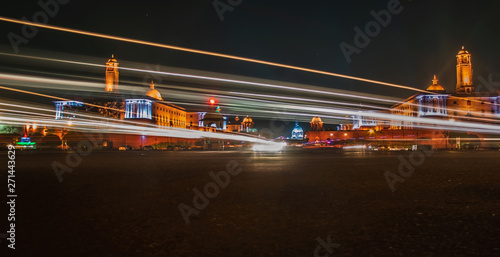 Photography The Rashtrapati Bhavan during night time with light trails.