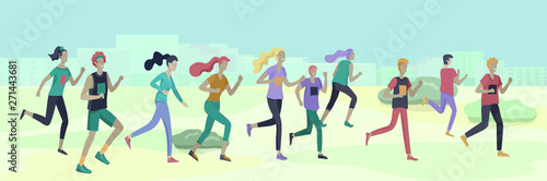 People Marathon Running Sport race sprint, concept illustration running men and women wearing sportswer in landscape. Jogging at Training. Healthy Active Speed Exercise. Cartoon Vector Illustration