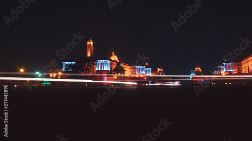 The Rashtrapati Bhavan during night time with light trails. photo