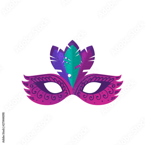 Violet carnival mask with modern ornament and colorful feather