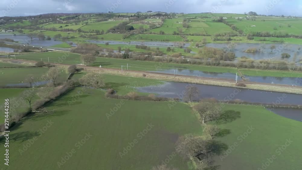 Aerial drone railway and road flood, UK Aerial drone railway and road flood, UK