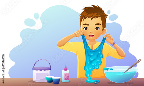 Young boy playing with homemade blue green slime. Vector illustration isolated on white background.