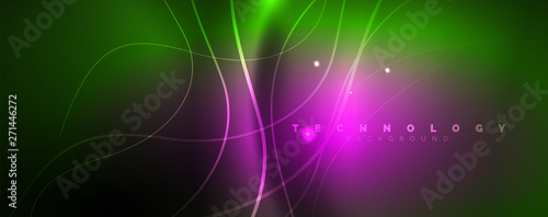Shiny neon lines template - northern lights glowing blur lines. Futuristic style glow neon 80s disco club or night party techno template