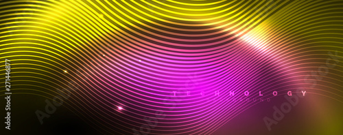 Bright neon circles and wave lines  glowing shiny background design template  digital techno concept.