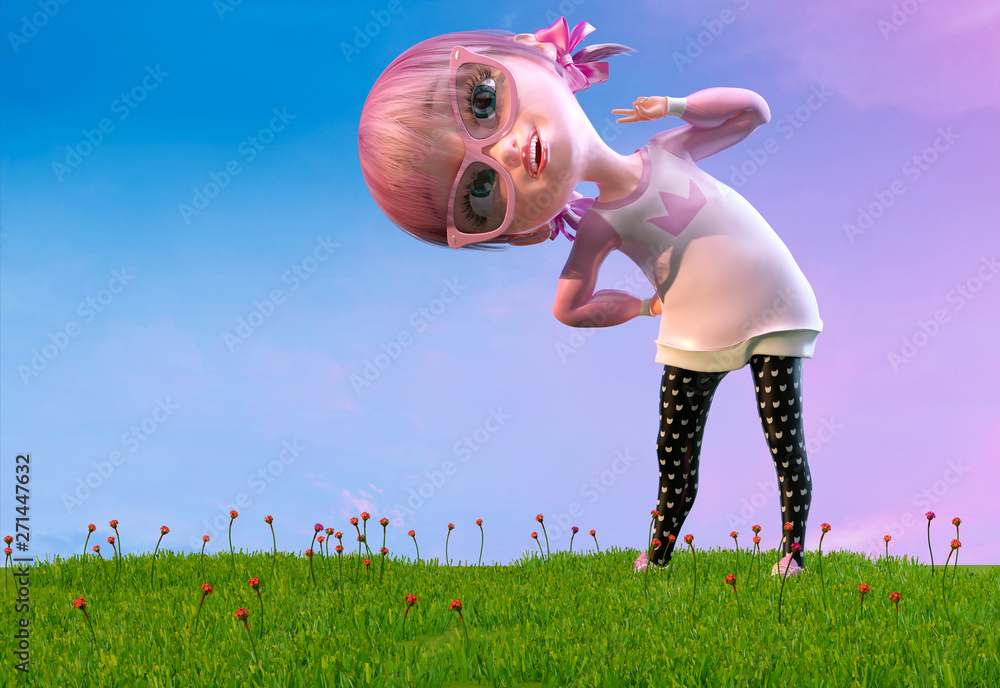 Cute cheerful smiling cartoon girl showing thumb up sign gesture. Funny  cartoon kid character of a little kawaii girl with glasses and pink anime  hairs. Two poses. 3D render Stock Illustration