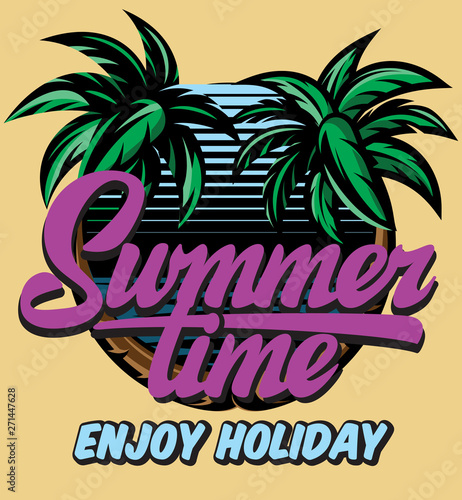 Color vector poster template for summer time party with calligraphic lettering