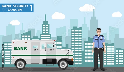 Bank security concept. Detailed illustration of armored car and security guard on background with cityscape in flat style. Vector illustration.