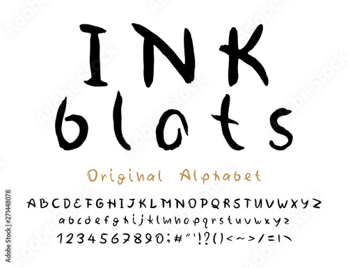 Original handwritten Alphabet. Vector paintbrush typeface. Title Ink blots. English uppercase and lowercase letters, numbers and signs
