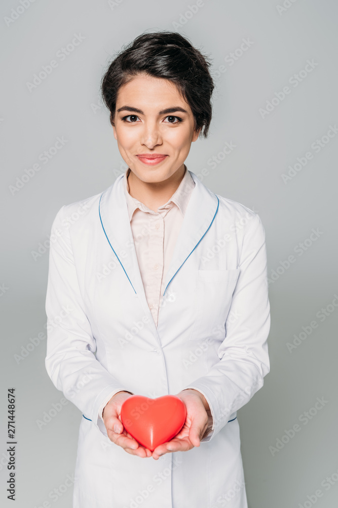 beautiful mixed race doctor holding heart model while smiling at camera isolated on grey