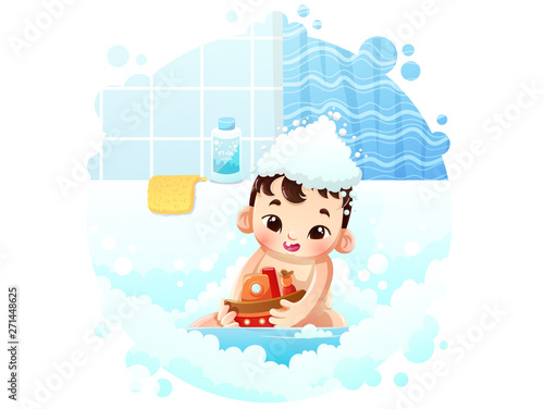 Cute asian baby boy playing in bath with a toy boat among the bubbles and foam. Vector illustration isolated on white background.