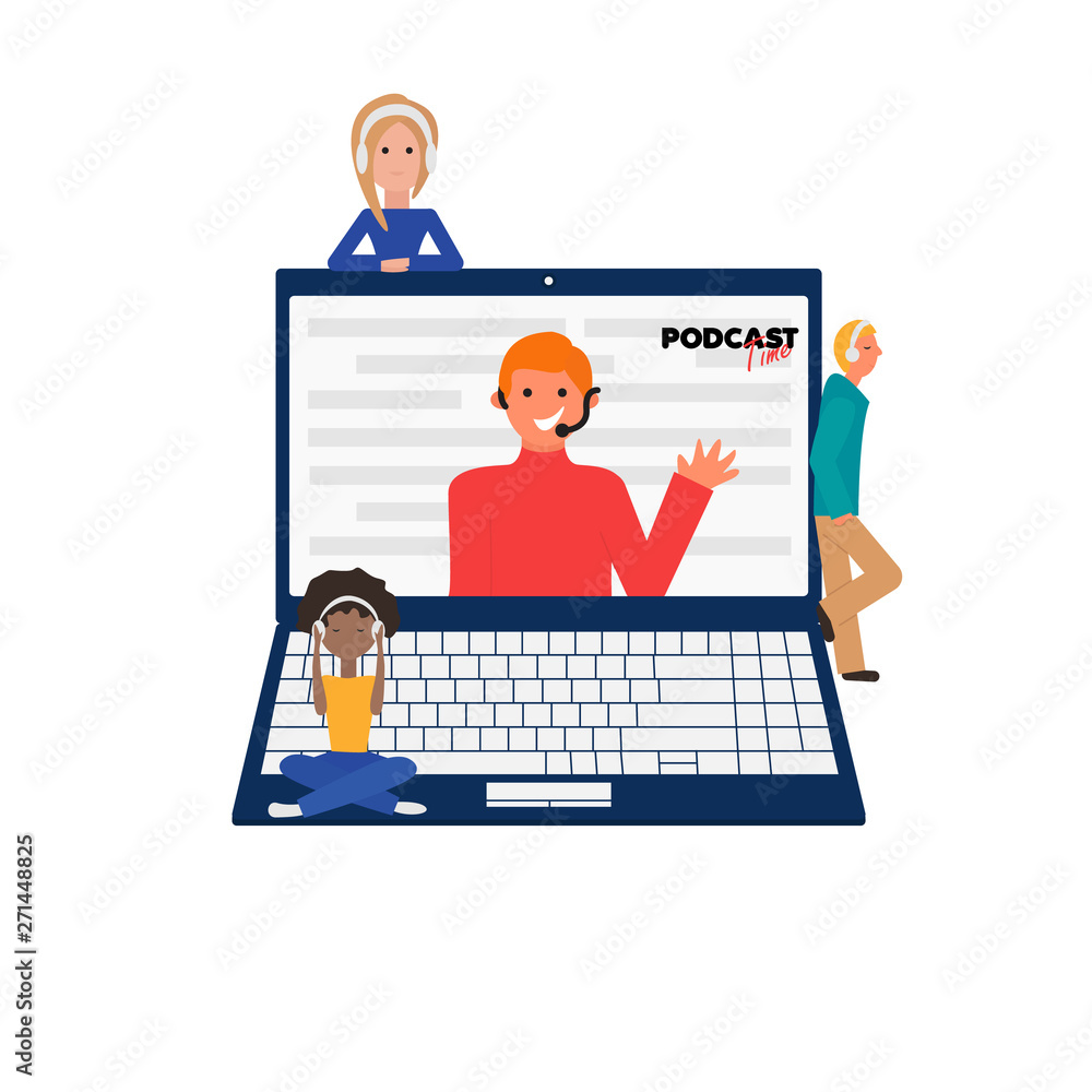 Vector Illustration of Online Training, Podcast. Podcast Videoblogger is Speaking from Laptop. Pod Cast Concept Illustration. People are Next to Laptop, Listening Pod Cast, Webinar and so on