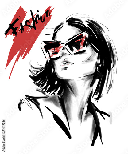 Hand drawn beautiful young woman in sunglasses. Stylish elegant girl. Fashion woman look. Sketch. Vector illstration.