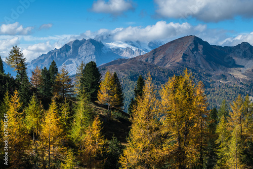 Beautiful alpine countryside. Scenic image of famous Sassolungo peak with overcast perfect blue sky. Wonderful Vall Gardena under sunlight. Majestic Dolomites Mountains. Amazing nature Landscape