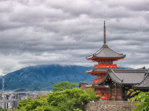 Ancient wooden temple with spring foliage colors at the mountain of Arashiyama  Kyoto  Japan.
