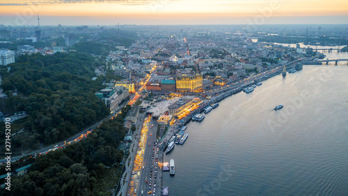 aerial city view on sunset. Kiev, Ukraine. drone shot, bird's-eye, aerial view
