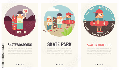 Mobile App Page Onboard Screen Set. Screens Template for Skateboard Club, Skate Park, Skateboarding Online Store. Vector Illustration. User Interface Kit in Flat Design.