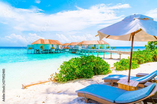 beach chair with tropical Maldives island beach and sea