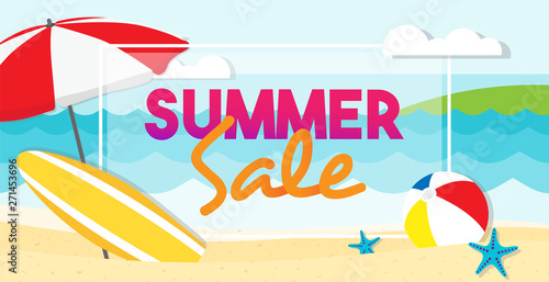 Summer sale banner vector illustration, Summer beach with surfboard, sun umbrella and ball. © Farosofa