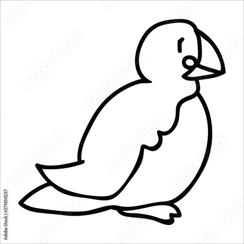 Cute puffin sitting line art cartoon vector illustration motif set. Hand drawn isolated seaside wildlife elements clipart for nautical birdwatching blog, bird graphic, feather web buttons.