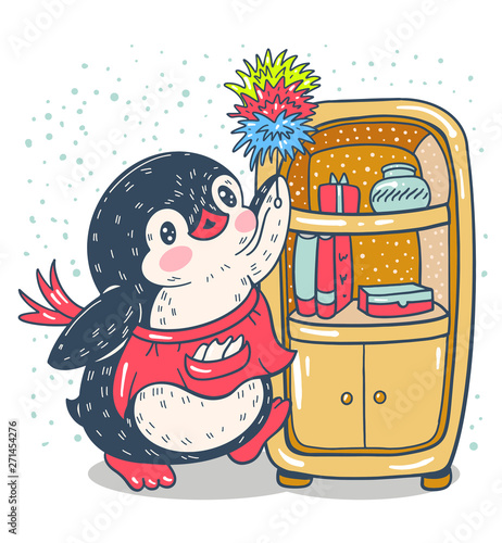 Winter illustration with funny cartoon penguin