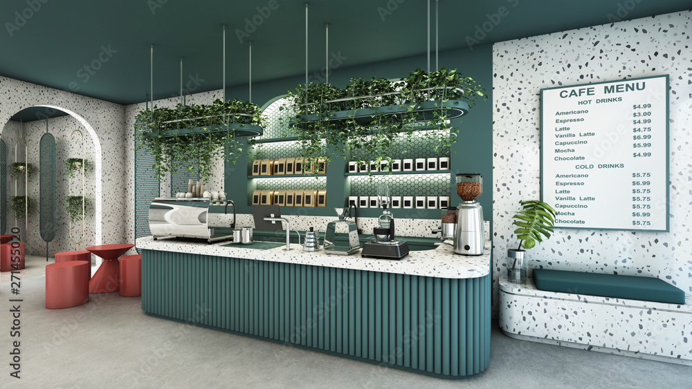 Cafe shop design Modern & Minimal Green counter top granite stone,Metal  light pendant,Green curved product shelves behind the counter, Menu on wall  granite stone,Green wall,concrete floor-3D render Stock-Illustration |  Adobe Stock