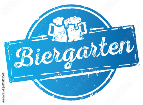 blauer Button Siegel Biergarten mit Bierkrügen zerkratzt photo