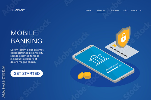 Online mobile banking landing page website design template. Isometric 3d smartphone, bank card, lock shield and coins. Money transaction protection concept. Vector illustration