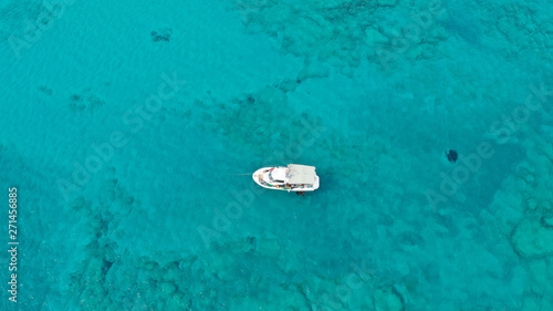 Aerial drone panoramic view photo of famous exotic paradise sandy deep turquoise beach of Elafonissi in South West Crete island, Greece © aerial-drone