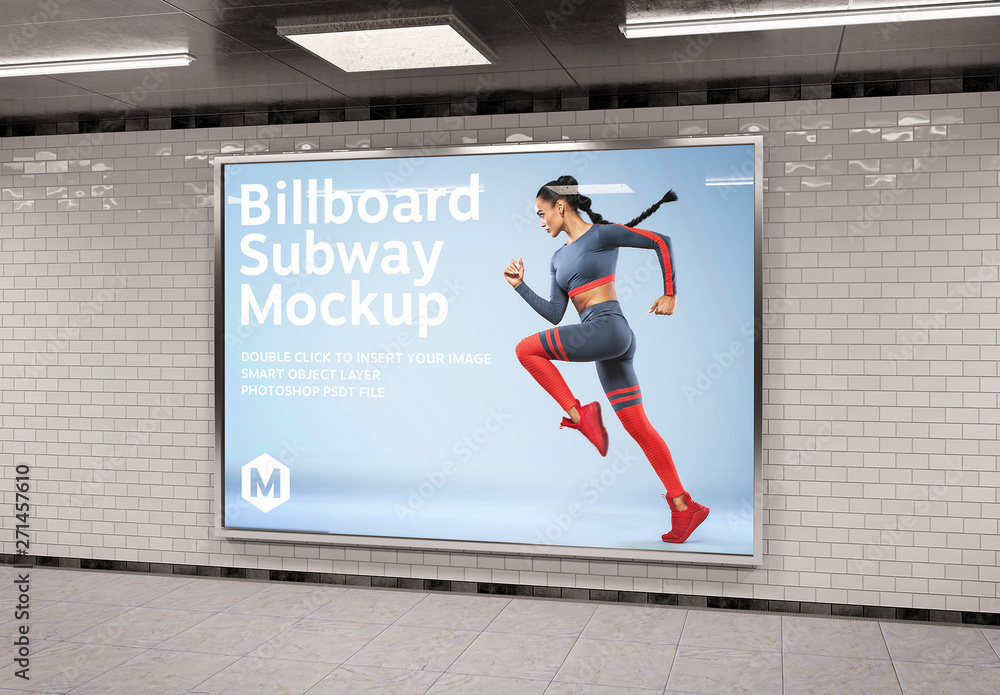 Horizontal Billboard in Subway Station Mockup plantilla de Stock